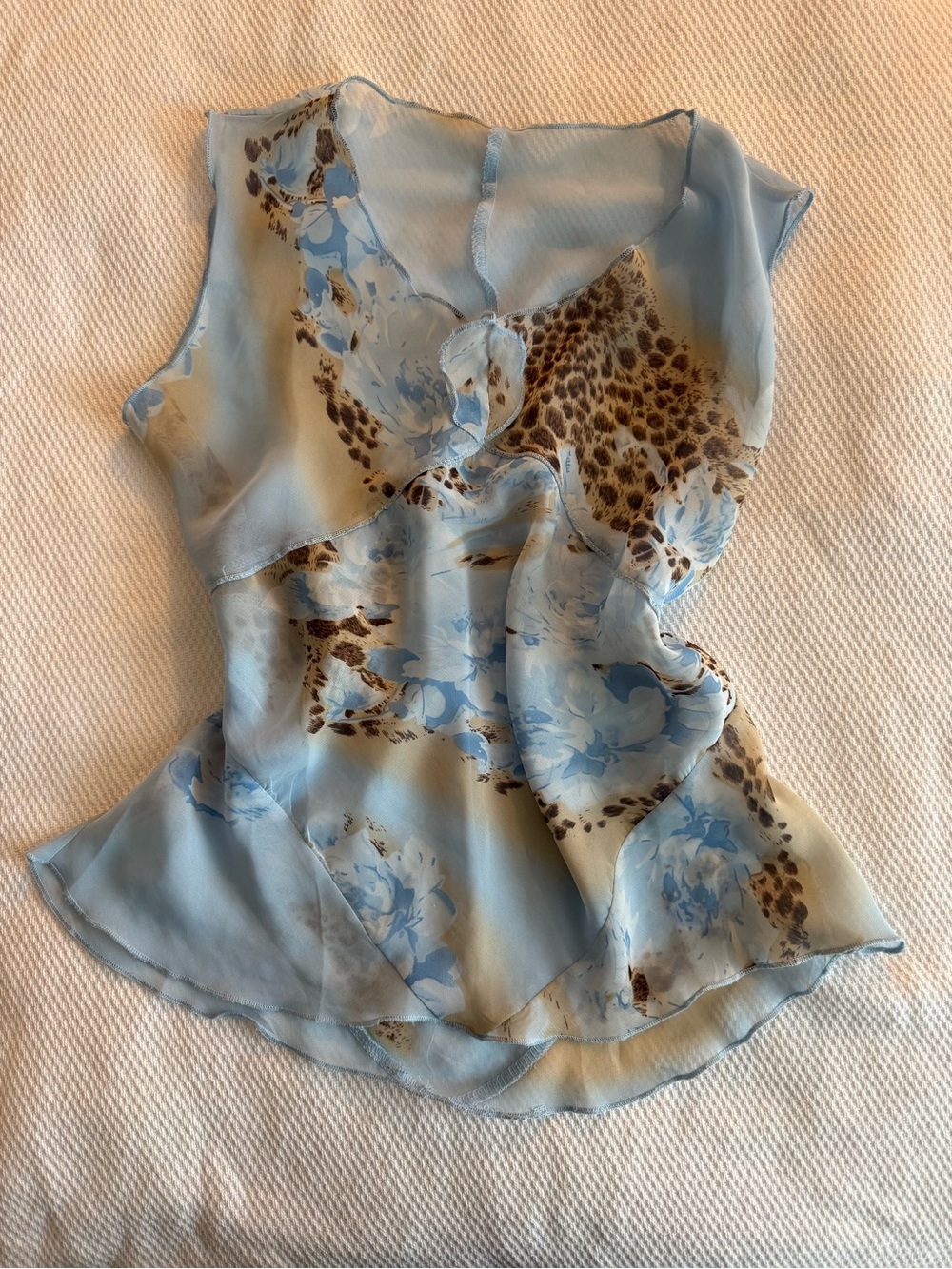 Light Blue Floral Ruffle Sleeveless Blouse